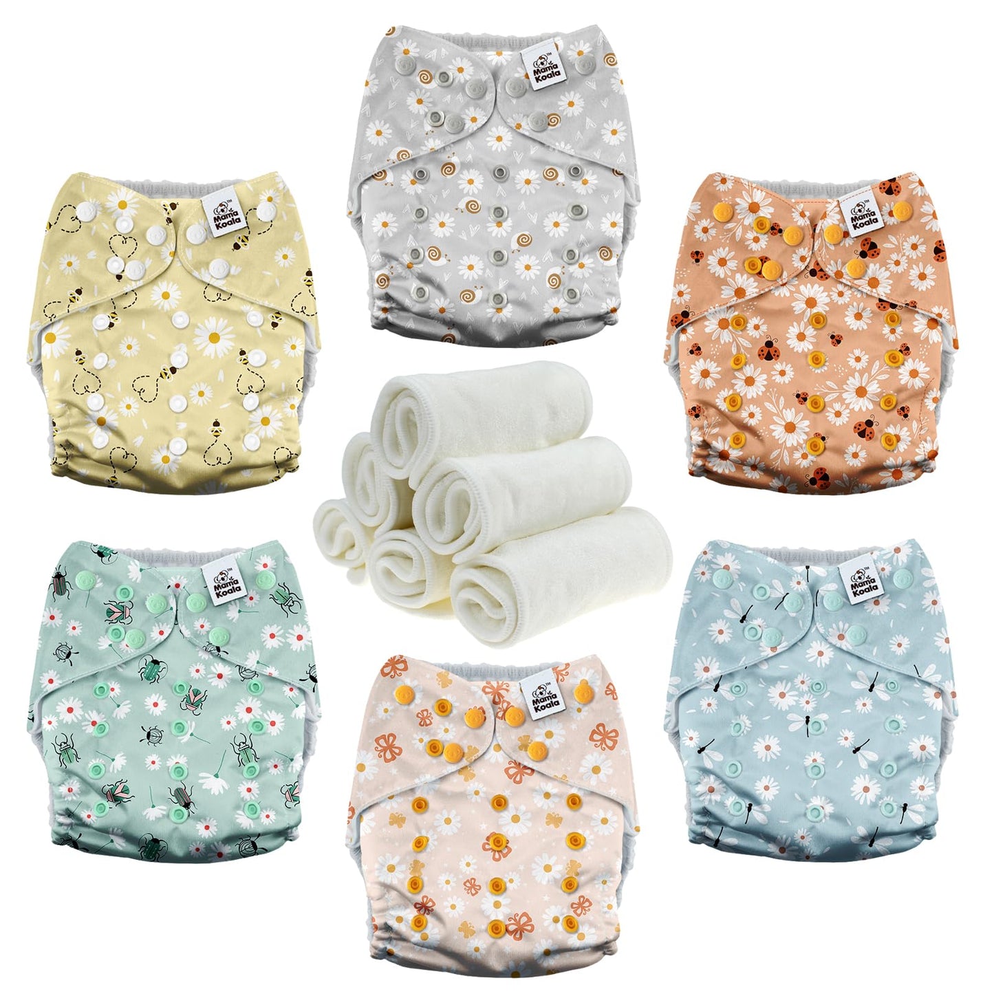 Mama Koala 3.0 Pocket Cloth Diapers. Reusable and Washable. 6 Pack with 6 4-Layer Natural Cloth Diaper Inserts.