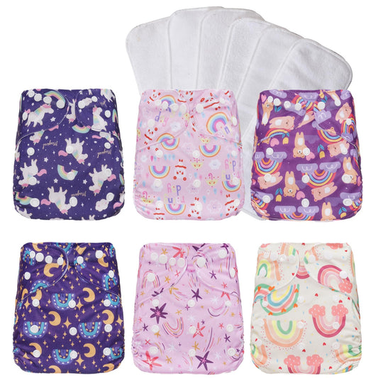 Washable Reusable Cloth Diapers for Babies- Adjustable Diapers 6 Pack Pocket Diapers with 6Pcs Microfiber Inserts