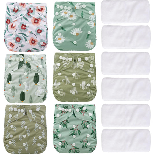 CoolaPeach Reusable Adjustable Cloth Diapers for Newborn to 0-3 Years. Washable. 6 Pack Cloth Diapers+6pcs Microfiber Inserts