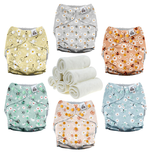 Mama Koala 3.0 Pocket Cloth Diapers. Reusable and Washable. 6 Pack with 6 4-Layer Natural Cloth Diaper Inserts.