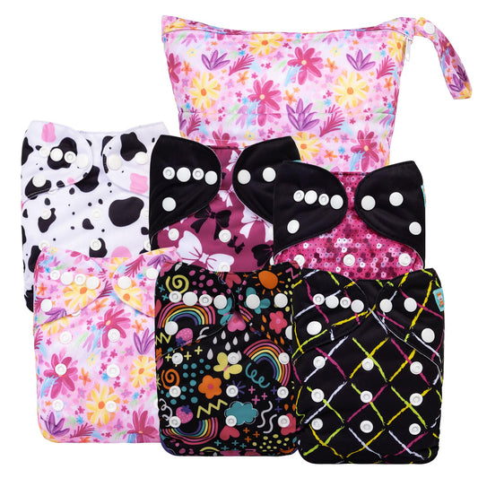 ALVABABY 6 Pack Cloth Diaper with 12 Inserts- One Size Adjustable Washable and Reusable Diaper Cover.