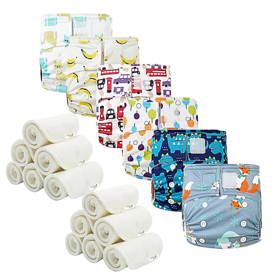 KaWaii Baby Reusable Newborn Cloth Diapers- Adjustable and Washable Pocket Diapers. 6 Diapers + 12 Microfiber Inserts Boys Girls 6-22 lbs