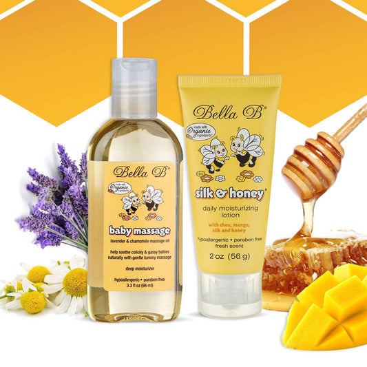 Bella B Bundle- Baby Massage Oil (3.3 oz), Silk and Honey organic baby Lotion (2 oz)